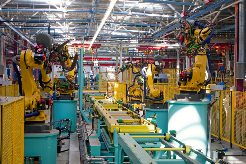 interior of modern automated assembly line for cars in during operation