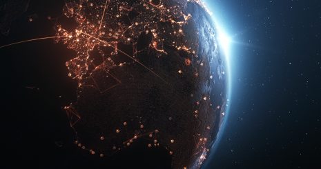 Earth Seen From Space With Glowing Connection Lines - Technology, Global Communications, Flight Routes, Big Data